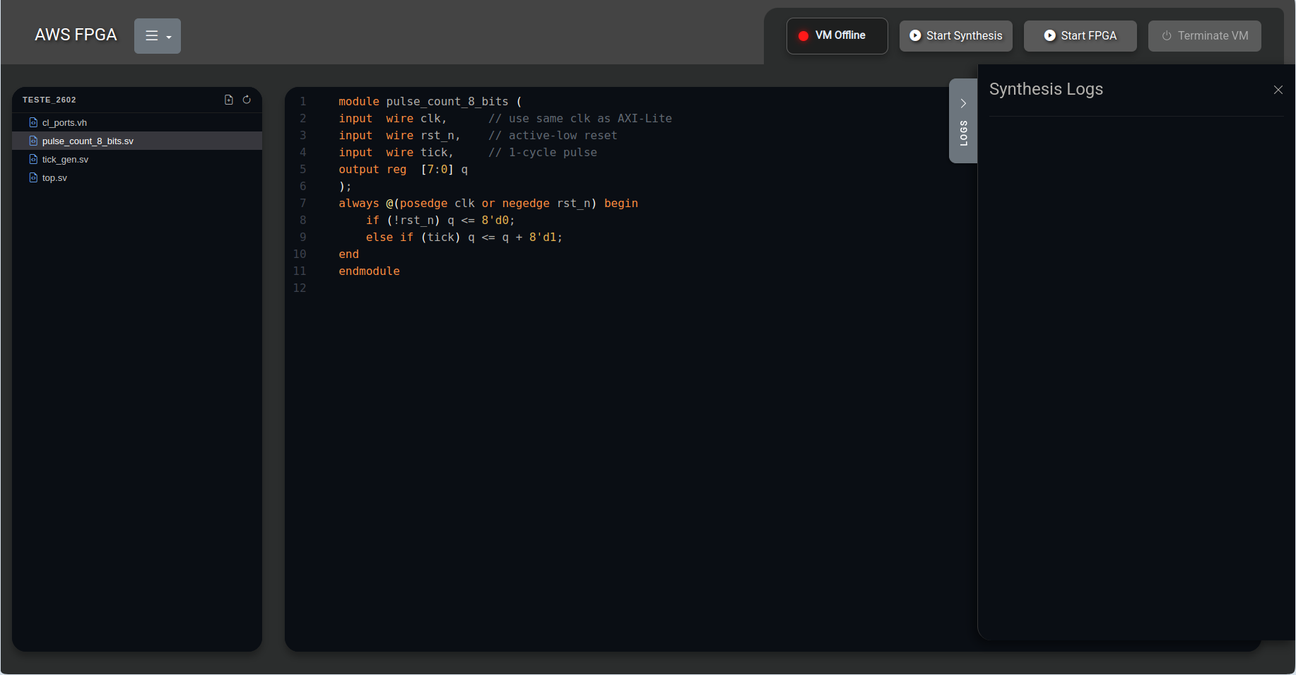 FPGA workspace dashboard